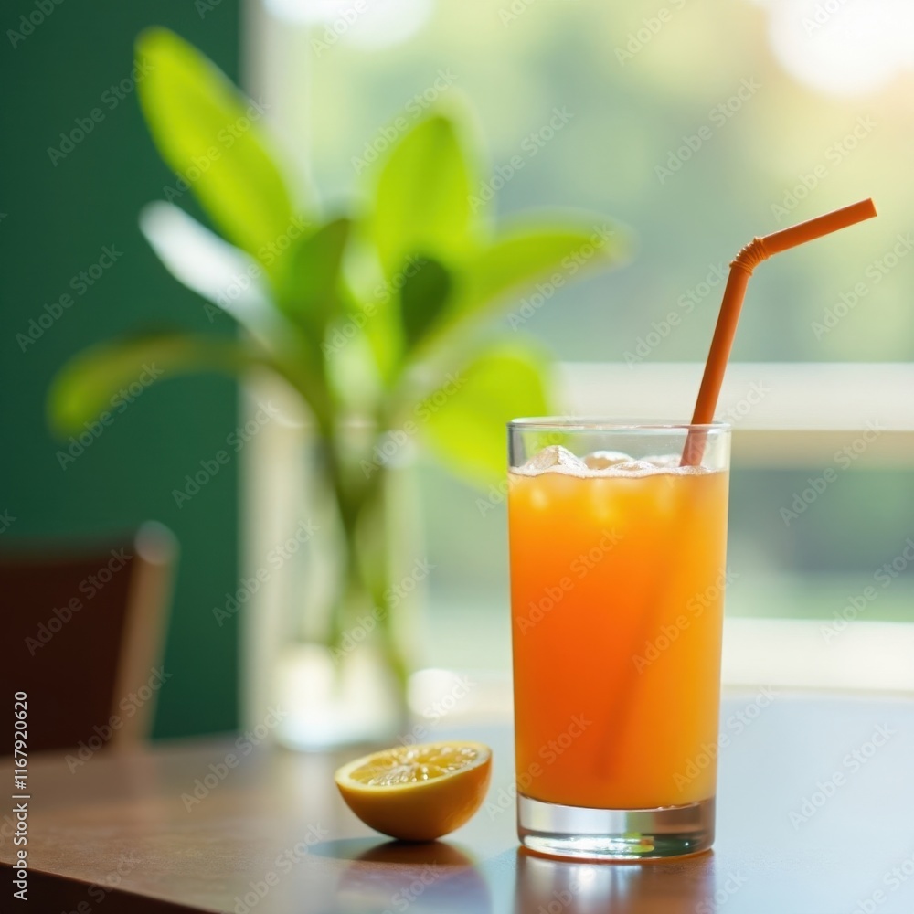 Wall mural Glass of orange juice with straw, beside a cup on a table, rustic, minimal