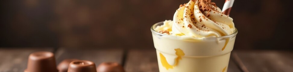 Fototapeta premium Glass of vanilla ice cream, rich caramel, chocolate candies , photography, texture