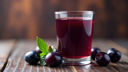 Glass of rich prune juice, glistening prunes beside it , moist, dark