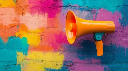 A vibrant orange megaphone on a colorful brick wall representing engagement, outreach, and influence, digital online content marketing concept