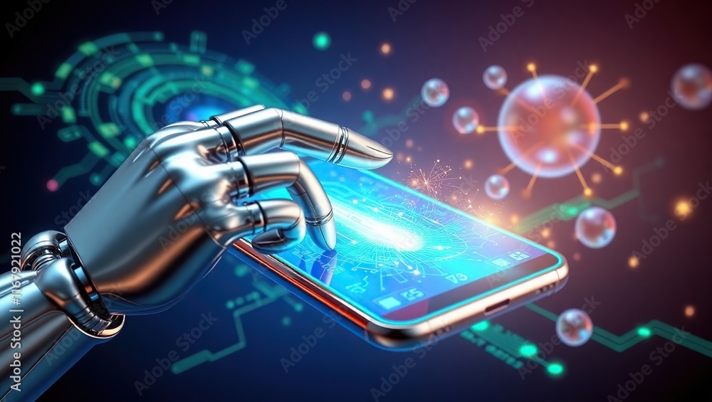 Poster robotic hand interacts with digital screen showing virus data