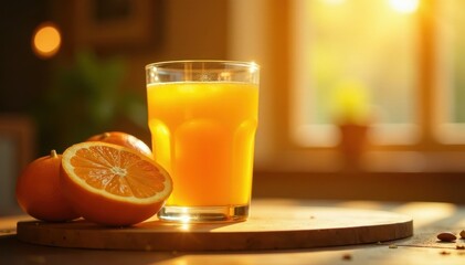 Golden hour light illuminates a glass of OJ & oranges , bright, nutrition