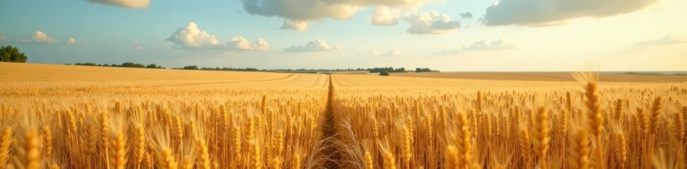 Obraz premium Golden wheat field, gentle sway, cloudy sky, rural landscape, yellow, farm