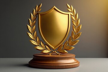 golden shield with laurel wreath on a wooden pedestal , golden shields, armor