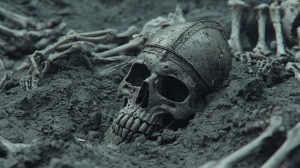 Remnants of Valor: Dark Fantasy Artwork of a Lone Fighter in an Ancient Skeleton Battlefield