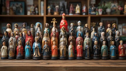 Fototapeta premium Collection of religious figurines on wooden surface.
