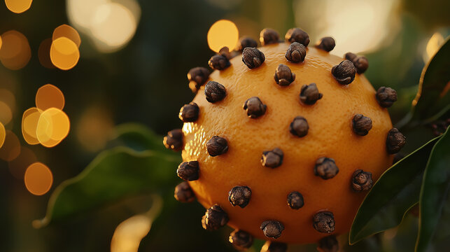 Close-up of orange and clove-studded pomander ball, soft afternoon light creating warm, inviting tones, detailed and vibrant