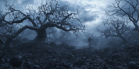 Whispers of the Twisted Orchard: Dark Fantasy Scene with Swordsman and Black Juice