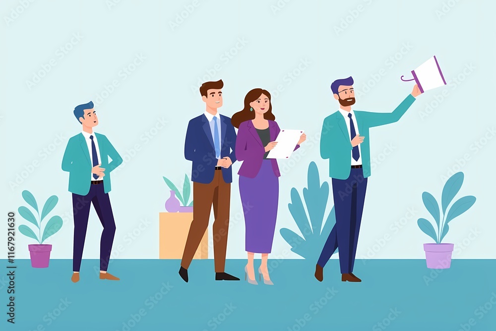 Poster announcing success: business team collaboration and communication. flat design illustration of a div