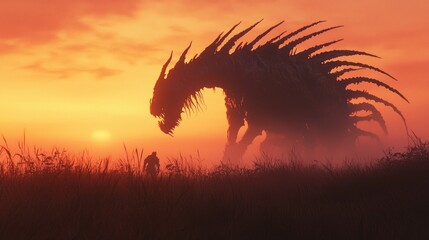 Shadows of the Unknown: Dark Fantasy Scene with Mercenary in Hiding on Dusk-Lit Hillside Surrounded by Monstrous Creatures - Cinematic Ultra-Detailed Artwork