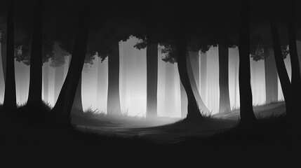 dark pine forest shrouded in mist, creating mysterious atmosphere