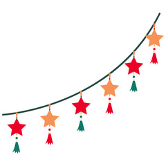 Christmas decoration set garlands and buntings made of tassels, stars, beads. Flat vector illustration