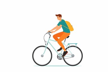Fototapeta premium Cycling towards Adventure: A young man with a backpack enjoys a leisurely bike ride, embodying freedom and exploration. 