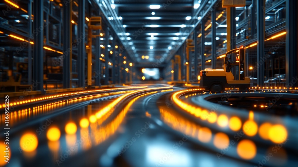 Poster automated guided vehicle navigating warehouse aisle with glowing path.