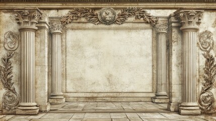 Obraz premium Ancient stone columns frame weathered wall, floor.