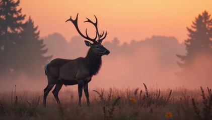 Naklejka premium Mist-shrouded red deer stag forms a bold outline in the early morning fog, wildlife, forest