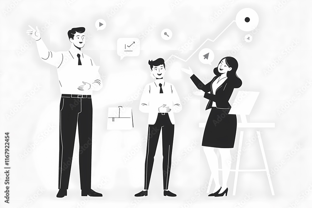 Poster brainstorming success: a dynamic team of business professionals collaborate on a project, brainstorm