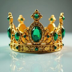 Ornate gold crown, green gemstones, gold beads , antique, vintage