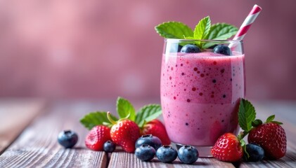 Pink smoothie, blueberries, mint Refreshing summer drink , photography, green