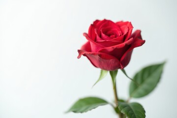 Single perfect red rose, pristine white background , stem, love