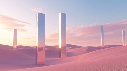Fototapeta premium Ethereal Futuristic Desert Landscape with Graceful Tall Dunes and Metallic Columns at Twilight