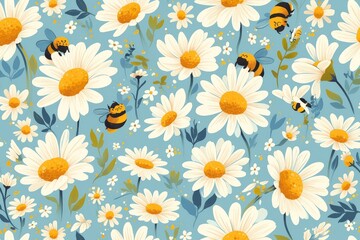 Fototapeta premium Sunny Garden Whimsy: Seamless Pattern of Daisies and Bumblebees
