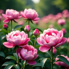 Obraz premium Softly blooming pink peonies and roses in a lush garden, spring, rose