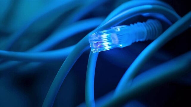 Blue network cable close-up, glowing connector, dark background, technology concept.