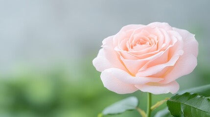 Delicate pink rose in bloom with soft green background
