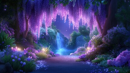 Enchanting night garden with illuminated wisteria and waterfall