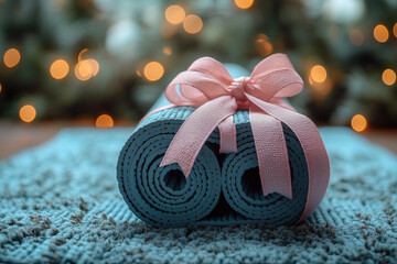 A rolled-up yoga mat tied with a bow, symbolizing a gift of health and wellness.