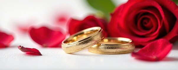 Two gold wedding bands entwined amidst vibrant red roses on pure white background , jewelry, romantic