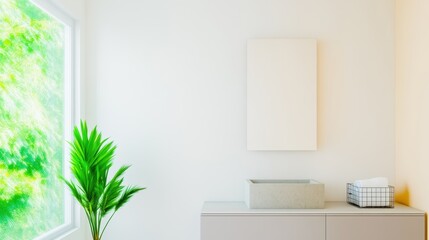 Minimalist bathroom with white walls and natural light