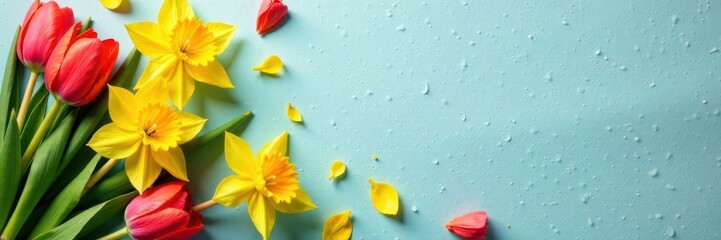 Naklejka premium Vibrant tulips and daffodils scattered on craft paper , bloom, tulips