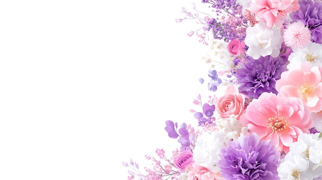 Pastel pink, purple, and white flowers arranged in a corner border on a white background, leaving ample copy space.