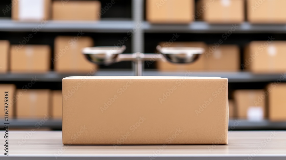 Poster cardboard box in warehouse setting with balance scale in background