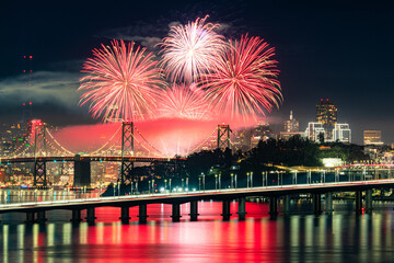 San Francisco Fireworks with cityscape in the back;
Bay bridge and the whole San Francisco cityscape in the background in the new years
