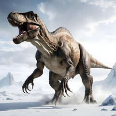 Fototapeta premium A T-rex in an open snowy landscape, generative ai