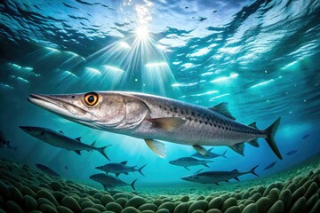 A crocodile needlefish gets cleaned; a fish school swirls nearby. Ocean life thrives.