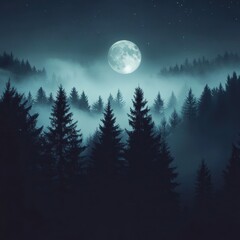 A serene night scene featuring a full moon over a misty forest landscape.