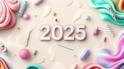 Colorful Pastel Design Elements with Number 2025 on Soft Background