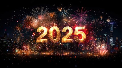 Bold Fireworks in Fiery Gold and Red Explode Over City Skyline Celebrating New Year 2025