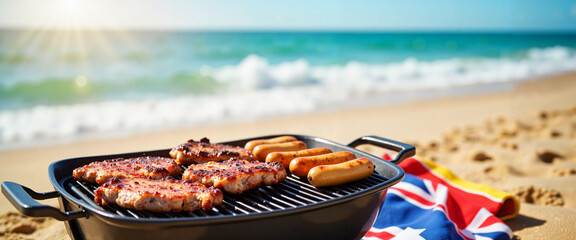 Sizzling sausages and steaks on grill by beach, Australia Day BBQ
