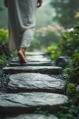Serenity of a barefoot walk along a stone path in a lush garden during a misty morning