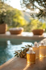 Relaxing afternoon by the poolside with natural oils and olive branches