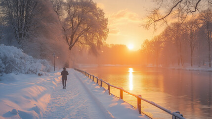 Fototapeta premium A winter sunset view of a person jogging along a snow-covered path.