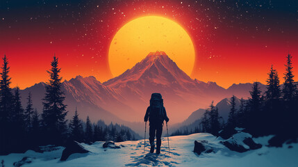 Obraz premium A line-art design of a hiker ascending a snowy mountain, symbolizing growth.