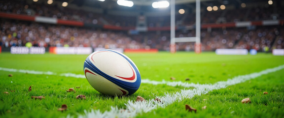 Lone rugby ball on vibrant green field with stadium backdrop, sports significance