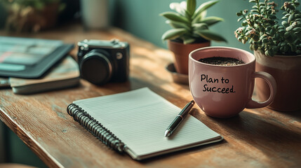 A blank fitness planner with a pen and a small plant, captioned "Plan to Succeed."