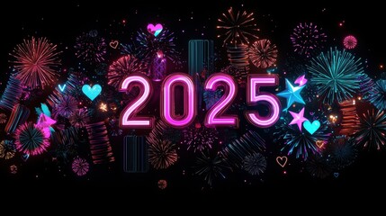 Retro Cityscape Inspired Fireworks Display Celebrating the New Year 2025 with Vibrant Visuals and Colors